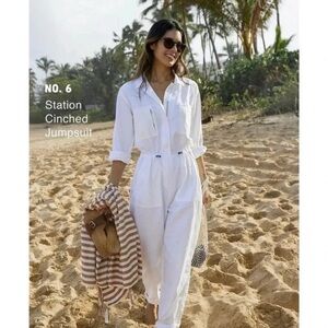 Outerknown Station Utility Jumpsuit Boiler Cinch Waist White Salt Linen Blend L